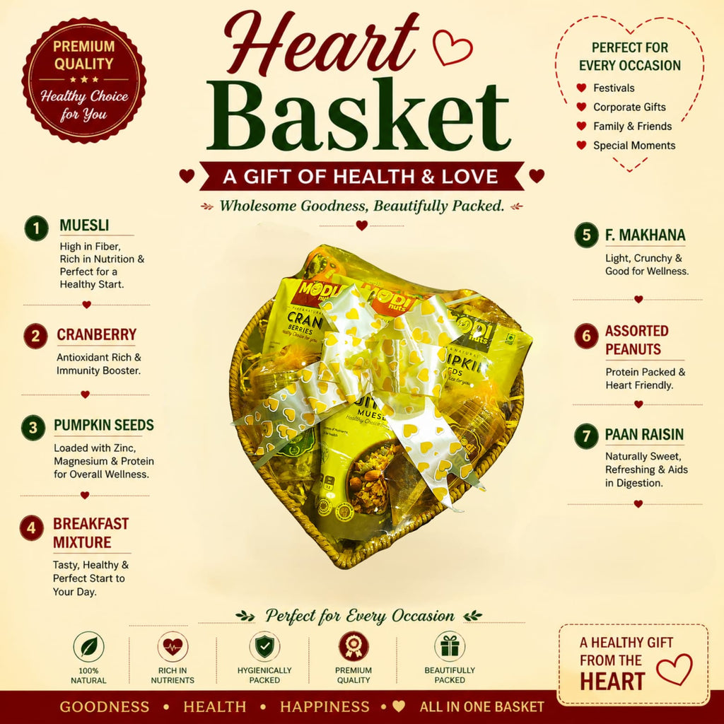 Premium Heart Basket Gift Hamper – Healthy Dry Fruits, Seeds & Snacks Gift Pack for Festivals, Corporate Gifting & Special Occasions