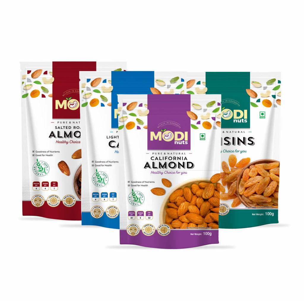Modinuts Healthy Dry Fruit Combo Online – Almonds, Roasted Almonds, Roasted Cashews & Raisins (4 x 100g) | Daily Nutrition Mix
