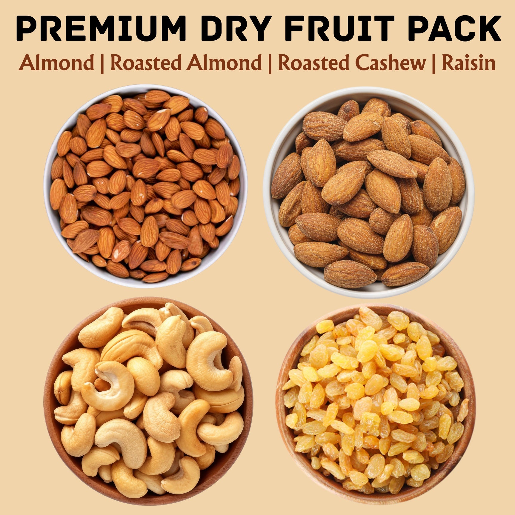 Modinuts Healthy Dry Fruit Combo Online – Almonds, Roasted Almonds, Roasted Cashews & Raisins (4 x 100g) | Daily Nutrition Mix